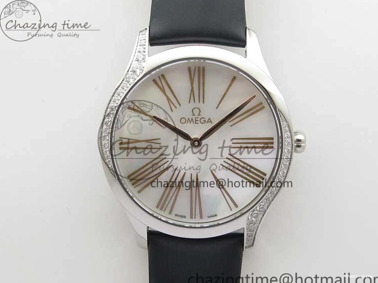 0410 StreetReady Ladies’ De Ville Trésor Diamond SS 3AF 1:1 Best Edition White MOP Dial RG Markers On Black Fabric strap Swiss Quartz 7884